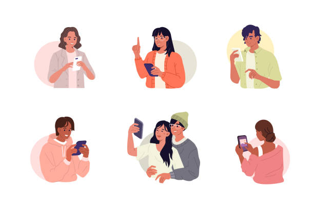 people with smartphones Young People using Smartphones, Chatting and making Selfie. Happy Boys and Girls talking and typing on Phone. Female and Male Characters collection. Flat Cartoon Vector Illustration. person on phone stock illustrations