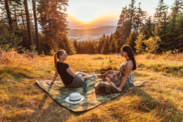 Two beautiful young women having picnic,  sitting on a plaid blanket .