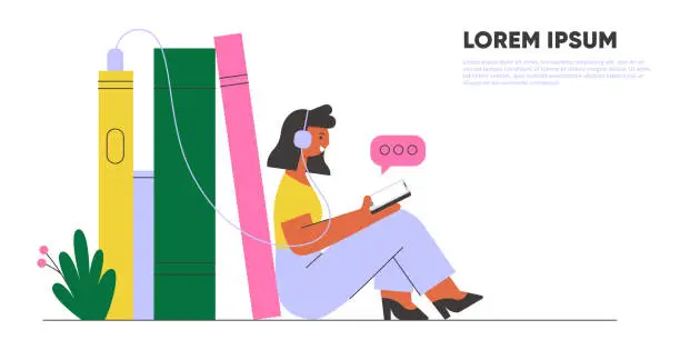 Vector illustration of Woman with earphones listening audiobook. Online library banner.