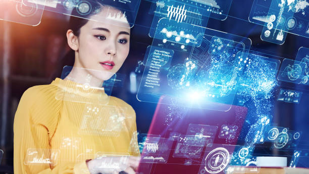 istock Communication network concept. Young asian woman in the office. GUI (Graphical User Interface). 1271697794