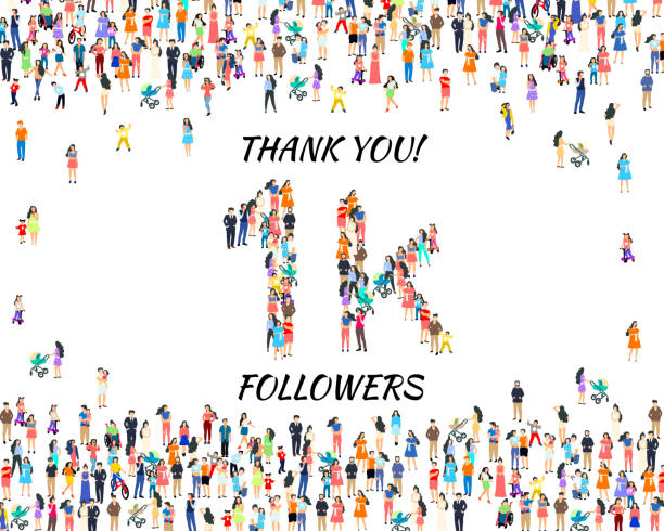 illustrazioni stock, clip art, cartoni animati e icone di tendenza di grazie follower persone, 1k gruppo social online, felice banner celebrare, vector - mille grazie