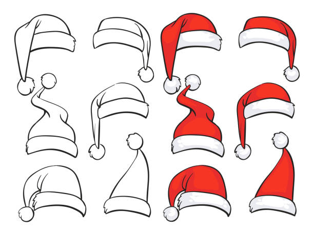 ilustraciones, imágenes clip art, dibujos animados e iconos de stock de sombreros de santa rojo con conjunto de bocetos de piel blanca - santa claus illustrations