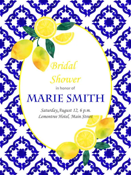 Vector illustration of Bridal Shower Invitation Card Design with Fresh Lemons and Navy Blue Mediterranean Tiles. Wedding Concept, Design Element.