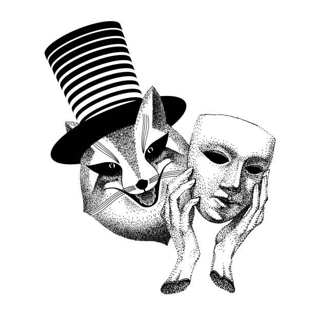 Hypocrite, trickster. Joker is an evil trickster. Sly fox hides behind a mask. Man magician with cylinder hat. anthropomorphic animal, mischievous. Hypocrite, trickster. Joker is an evil trickster. Sly fox hides behind a mask. Man magician with cylinder hat. anthropomorphic animal, rogue, mischievous. black and white handmade illustration. pics of a dodgers stock illustrations