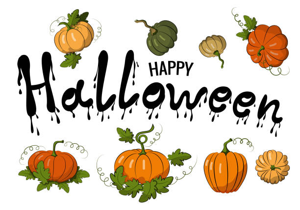 istock Happy Halloween lettering composition. Letters with dripping paint. Festive banner with the inscription and pumpkins. Vector illustration. Isolated image on a white background. 1271709215