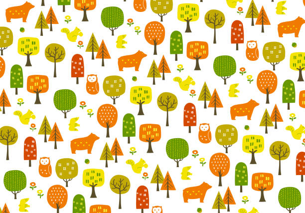 ilustraciones, imágenes clip art, dibujos animados e iconos de stock de patrón de bosque de otoño con hojas de otoño y animales ilustración de fondo (dólar blanco) - autumn leaf white background land