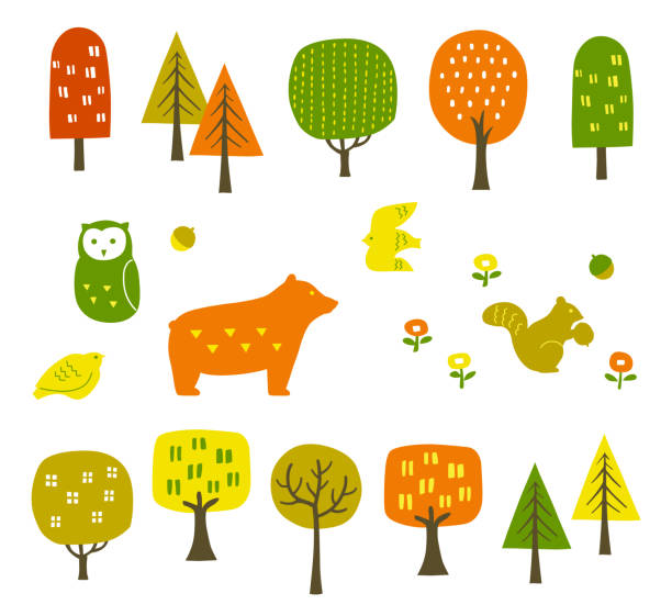 ilustraciones, imágenes clip art, dibujos animados e iconos de stock de mundo del bosque de otoño, hojas de otoño y conjunto de iconos de animales - northern europe illustrations