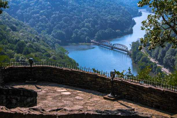 Overlook of the New River with bridge at Hawks Nest State Park in West Virginia.