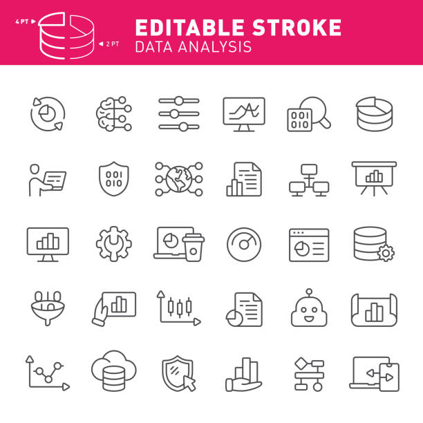 Data Analysis Icons Data, analyzing, big data, editable stroke, outline, icon, icon set, technology, artificial intelligence, bar graph flowchart symbols programming stock illustrations