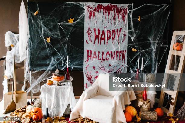 Background For Halloween Celebration For Party In Night Scary Pumpkins Spider Webs Blood Candles Text Halloween Happy Stock Photo - Download Image Now