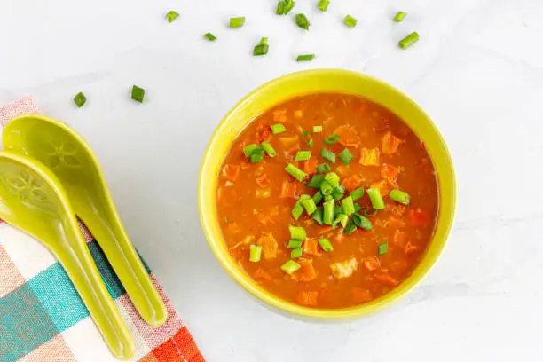 Healthy Vegetable Soup Directly Above Photo, White Background, Top Down Food Photography