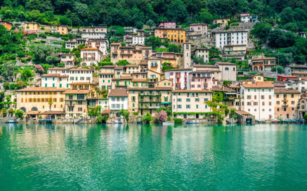 scenic view of gandria colorful fishing village houses on the shore of lake lugano on beautiful summer day in lugano ticino switzerland - switzerland ticino canton lake lugano imagens e fotografias de stock