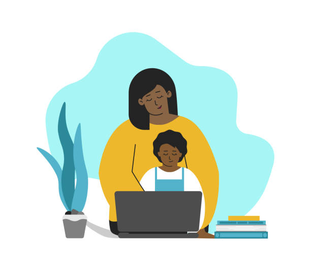 플랫 스타일로 벡터 격리 된 개념. 아프리카계 미국인 어머니와 아이가 노트북과 함께 앉아 있다. 격리 시간에 수업이 있는 온라인 교육, 부모의 도움으로 숙제를 합니다. 홈 스쿨링 - child technology education computer stock illustrations