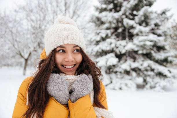 istock Portrait of happy brunette lady looking camera while walking 1271715744