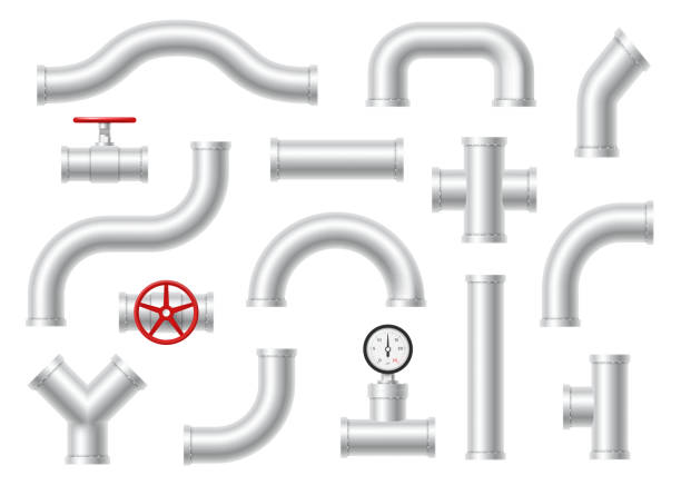 трубы стальной сантехники различных форм ассортимент реалистичный набор. алюминиевые трубки. - water meter stock illustrations