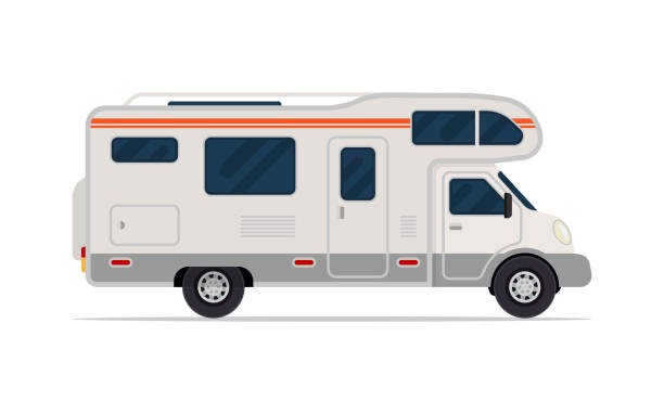 Modern camper van. Comfortable motorhome. Side view. Modern camper van. Comfortable motorhome. Side view. Vector illustration. Isolated on white background. mobile home stock illustrations
