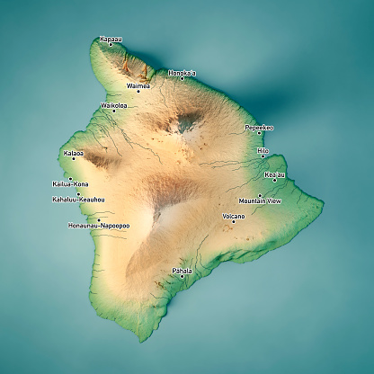 3D Render of a Topographic Map of the Island of Hawaii. Version with Cities.\nAll source data is in the public domain.\nColor texture: Made with Natural Earth. \nhttp://www.naturalearthdata.com/downloads/10m-raster-data/10m-cross-blend-hypso/\nRelief texture and Rivers: NASADEM data courtesy of NASA JPL (2020). \nhttps://doi.org/10.5067/MEaSUREs/NASADEM/NASADEM_HGT.001 \nWater texture: SRTM Water Body SWDB:\nhttps://dds.cr.usgs.gov/srtm/version2_1/SWBD/