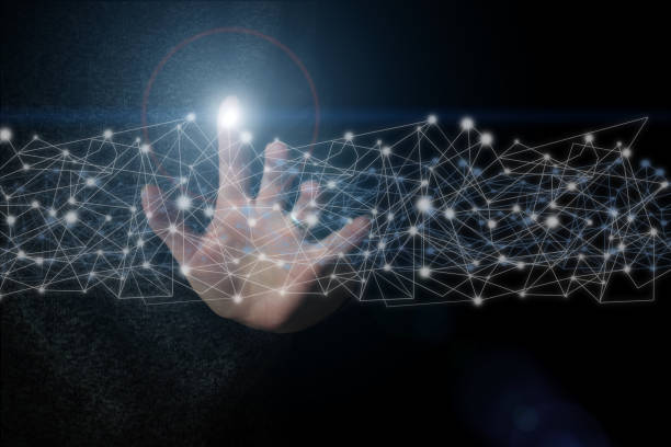 istock Hand touching global network and data customer connection on dark blue background. Social networking scheme. 1271720783