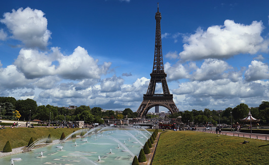 Paris, France - May 17, 2018: The Trocadero fountain and park and the Eifel tower in Paris, France on May 17, 2018