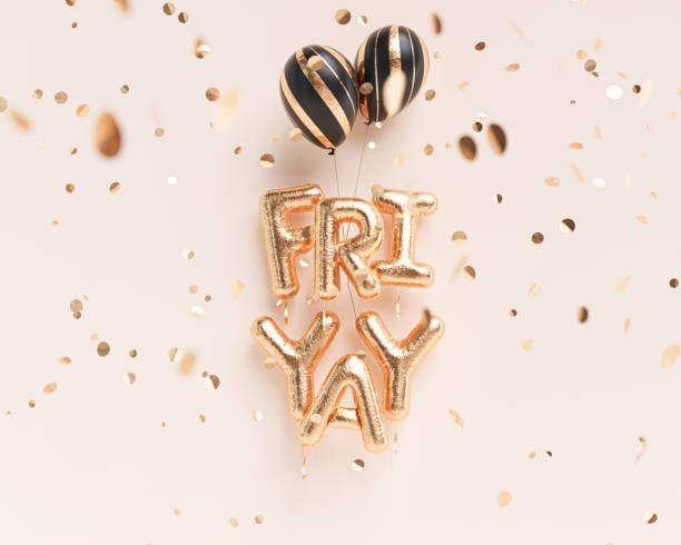 FriYay text sign letters with golden confetti. Friday celebration banner. 3d rendering FriYay text sign letters with golden confetti. Friday celebration banner. 3d rendering exhilaration stock pictures, royalty-free photos & images