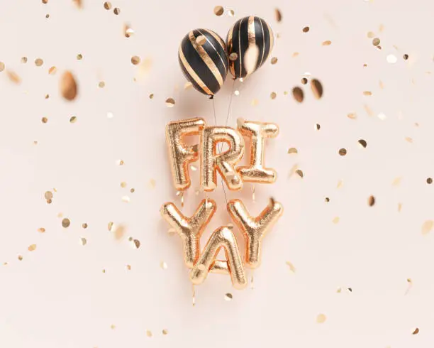 FriYay text sign letters with golden confetti. Friday celebration banner. 3d rendering