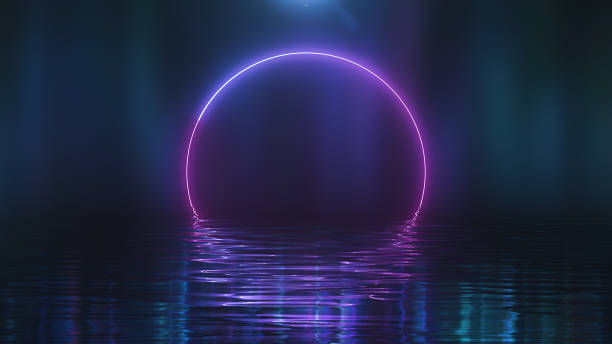 istock 3d render Shining pink neon circle over water 1271732293