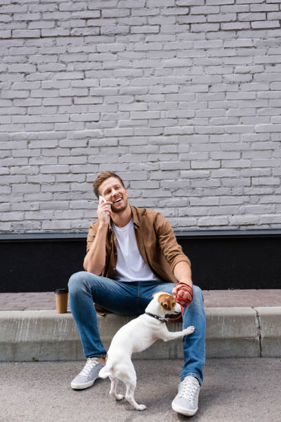 istock Man holding jack russell terrier on leash while talking on smartphone near coffee to go on urban street 1271734191