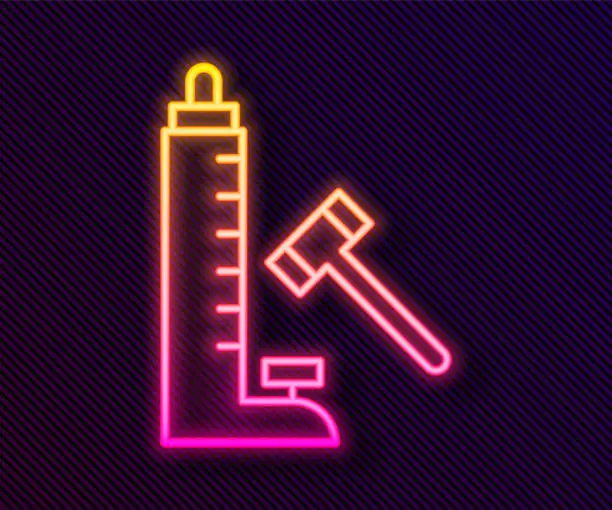 Vector illustration of Glowing neon line High striker attraction with big hammer icon isolated on black background. Attraction for measuring strength. Amusement park. Vector