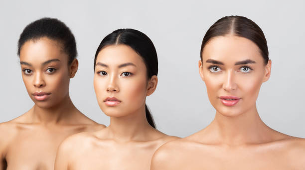 istock Three Gorgeous Diverse Young Ladies Posing Naked Over Gray Background 1271734951