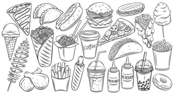 Fast food outline drawn icon Fast food outline drawn icon set. Hamburger, hot dog, shawarma, wok noodles, pizza and others for takeaway cafe design. Vector illustration engraved style. fast food stock illustrations