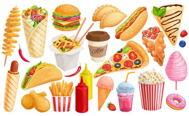 ilustrações, clipart, desenhos animados e ícones de ícone desenhado por contorno de fast food - unhealthy eating