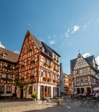 Mainz Germany August 2020, Classical timber houses in the center of Mainz, Germany Europe