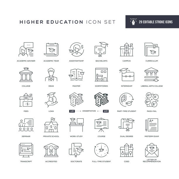 ilustraciones, imágenes clip art, dibujos animados e iconos de stock de iconos de línea de trazo editables de educación superior - college