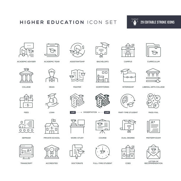 illustrations, cliparts, dessins animés et icônes de icônes de la ligne de course modifiable de l’enseignement supérieur - cité universitaire