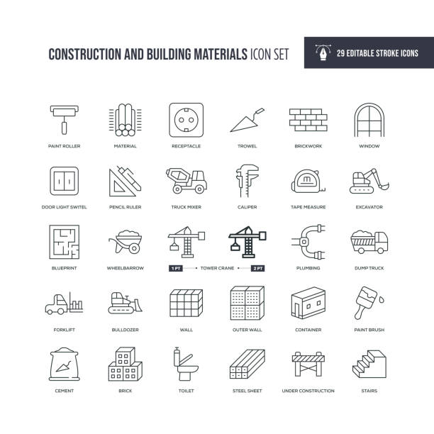 illustrations, cliparts, dessins animés et icônes de icônes de la ligne de course modifiable de construction et de matériaux de construction - ruler plan construction blueprint