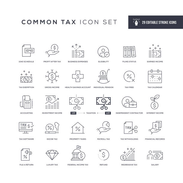 illustrazioni stock, clip art, cartoni animati e icone di tendenza di icone comuni della linea del tratto modificabile fiscale - tassa