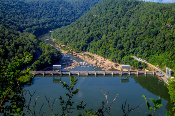 Overlook of dam on the New River with bridge at Hawks Nest State Park in West Virginia.