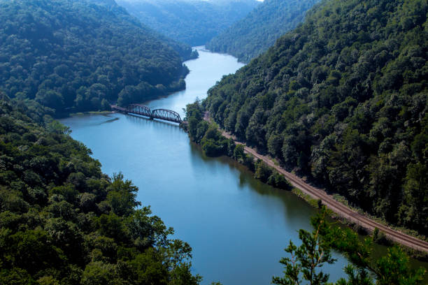 Overlook of the New River with bridge at Hawks Nest State Park in West Virginia.
