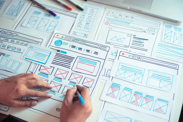 Website designer Creative planning application developer development draft sketch drawing template layout prototype framework wireframe design studio . User experience concept . diseñador de sitios web diseñador de aplicaciones de planificación creativa desarrollo de aplicaciones desarrollo de proyecto de dibujo de dibujo de diseño de plantilla de diseño de marco de estructura alámbrica studio . concepto de experiencia de us