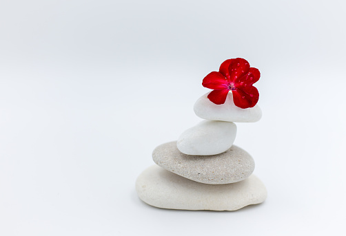 Still life with a pile of rocks with a feather or a red flower on top,  white background, studio shots