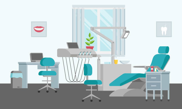 konzept einer zahneinheit mit verstellbarem stuhl, lampe, regal, waschbecken und fenster. medizinisches büro in einem flachen stil. modernes interieur und ausstattung in der klinik. plakate an den wänden. vektor-illustration. - dentist dentist office dentists chair cartoon stock-grafiken, -clipart, -cartoons und -symbole