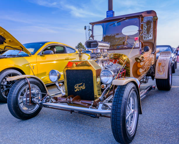Ford T-Bucket hot rod Dartmouth, Nova Scotia, Canada - July 18, 2019 : Traditional styled Ford T-Bucket hot rod at weekly summer A&W Cruise-In at Woodside ferry terminal parking lot, Dartmouth, Halifax Regional Municipality, Nova Scotia, Canada. cruising hot rods stock pictures, royalty-free photos & images