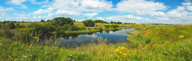 istock Summer landscape with calm river and beautiful clouds in blue sky 1271745262