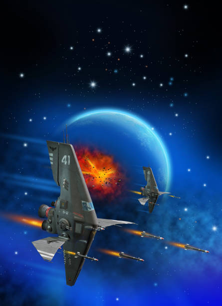 istock Space Battle, spaceships launching Rockets, Flying around a Planet and nebula, 3d illustration 1271746808
