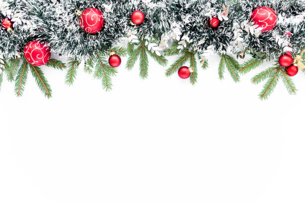 istock Christmas composition with fir branches, christmas balls and tinsel. Flat lay, top view 1271748172