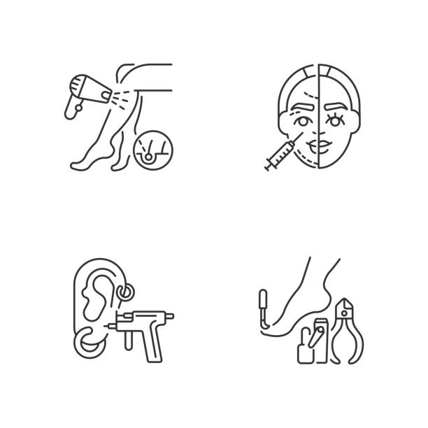 Beauty procedures linear icons set Beauty procedures linear icons set. Laser hair removal. Skin injections. Pedicure. Piercing. Beauty procedures. Customizable thin line contour symbols. Isolated vector outline illustrations ear piercing clip art stock illustrations