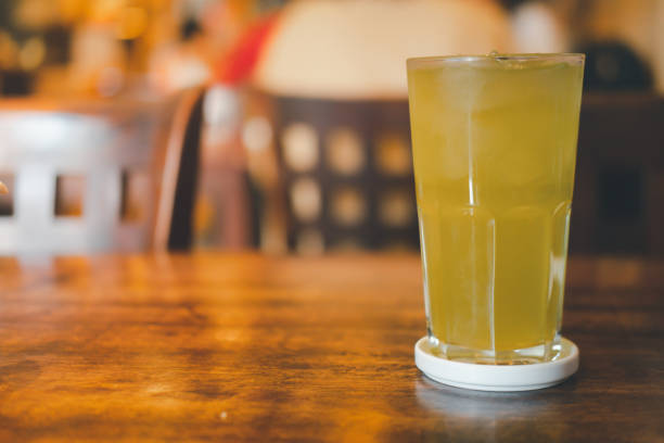 Iced green tea in glass on wood table in Japan restaurants