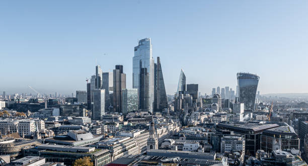 City of London Daytime View of the Financial District Clear Sky wide view of The City Looking East from St.Pauls Cathedral central london skyline stock pictures, royalty-free photos & images