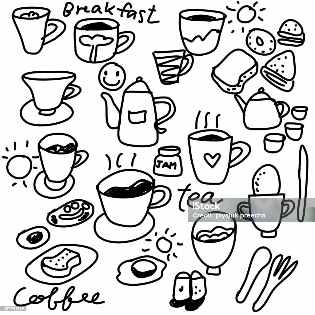 Doodle Drawing Of Breakfast And Coffee And Tea Cartoon Vector Stock  Illustration - Download Image Now - iStock