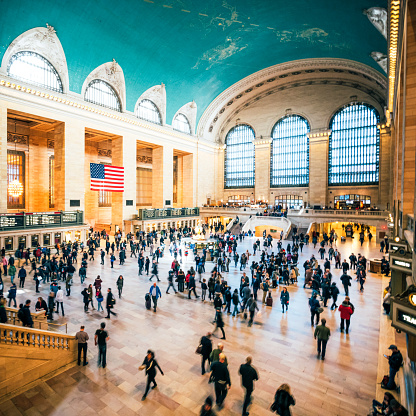 A square format image of the famous concourse hall in  Manhattan's Grand Central Station, New York City.